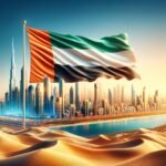 Dubai skyline with UAE flag waving against desert background