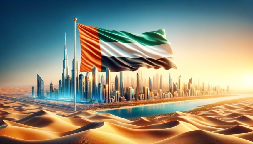Dubai skyline with UAE flag waving against desert background