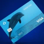 Tarjeta Visa de color azul con el logo de un delfín.