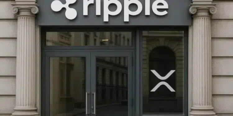 Puerta principal de un banco con el logo de Ripple.